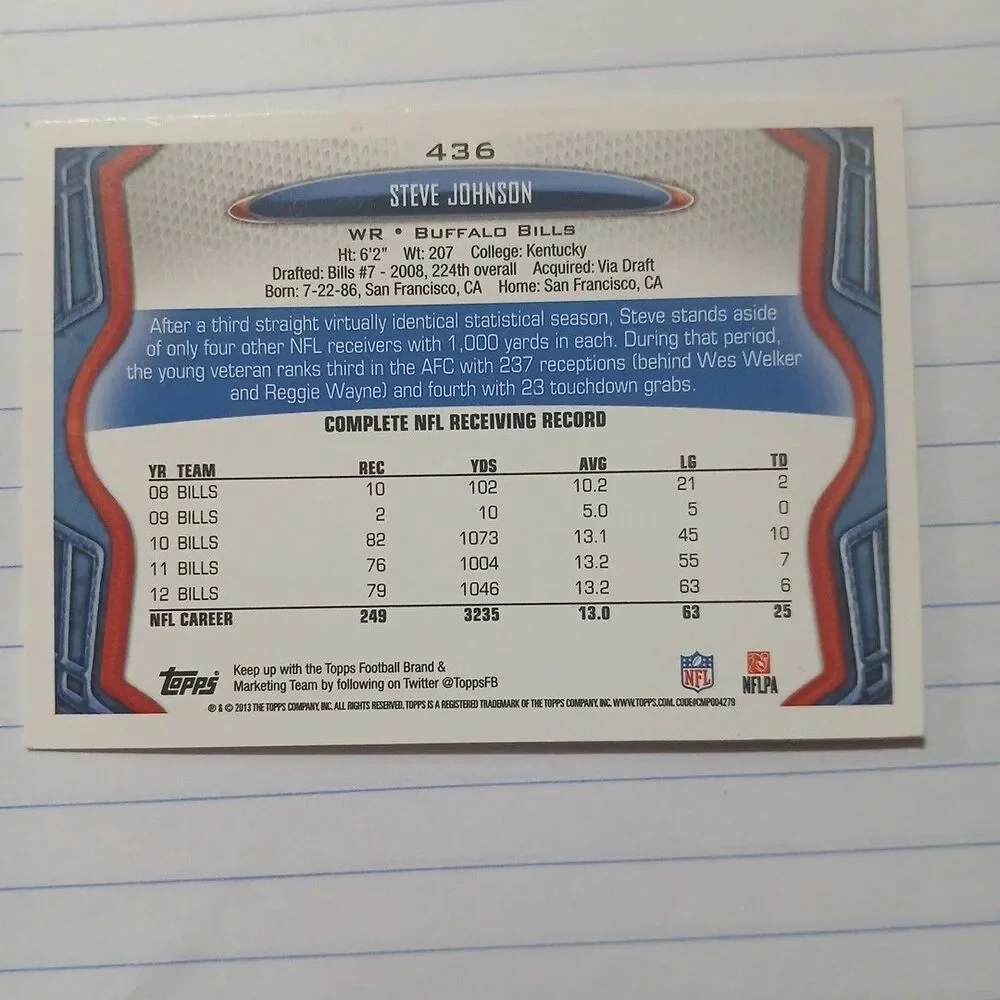 2013 Topps - Steve Johnson #436 - Picture 2 of 2